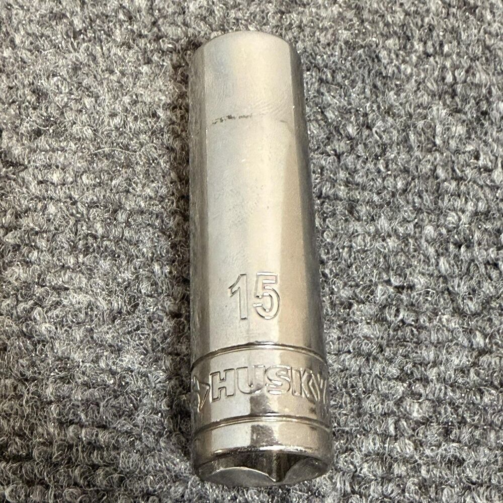 Husky 15mm Deep Socket 3/8" Drive 12 Point Chrome Steel Silver Metric Tool